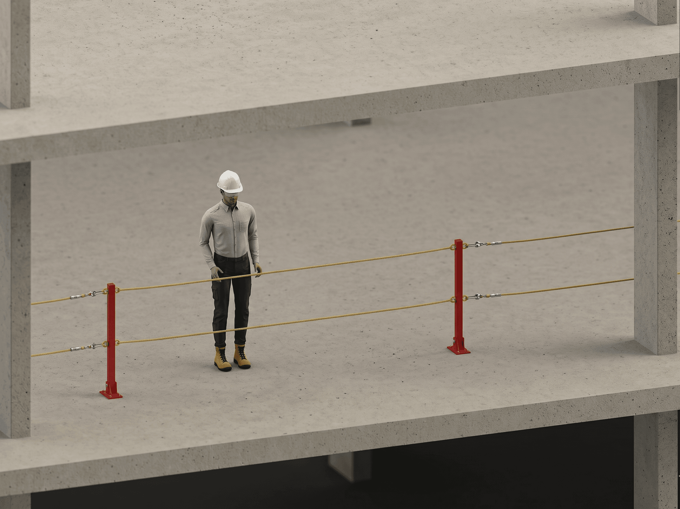 Worker standing safely behind a Metro Safety Rail perimeter guardrail of posts and tensioned cables at a concrete slab edge.
