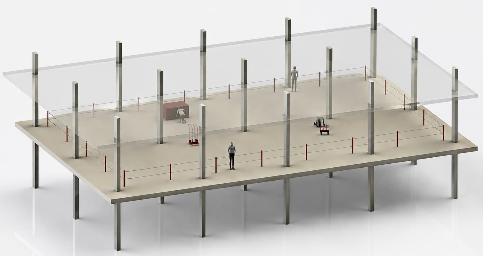Metro Safety Rail layout on a single floor plate, rail line set back from the slab edge to form a protected work zone