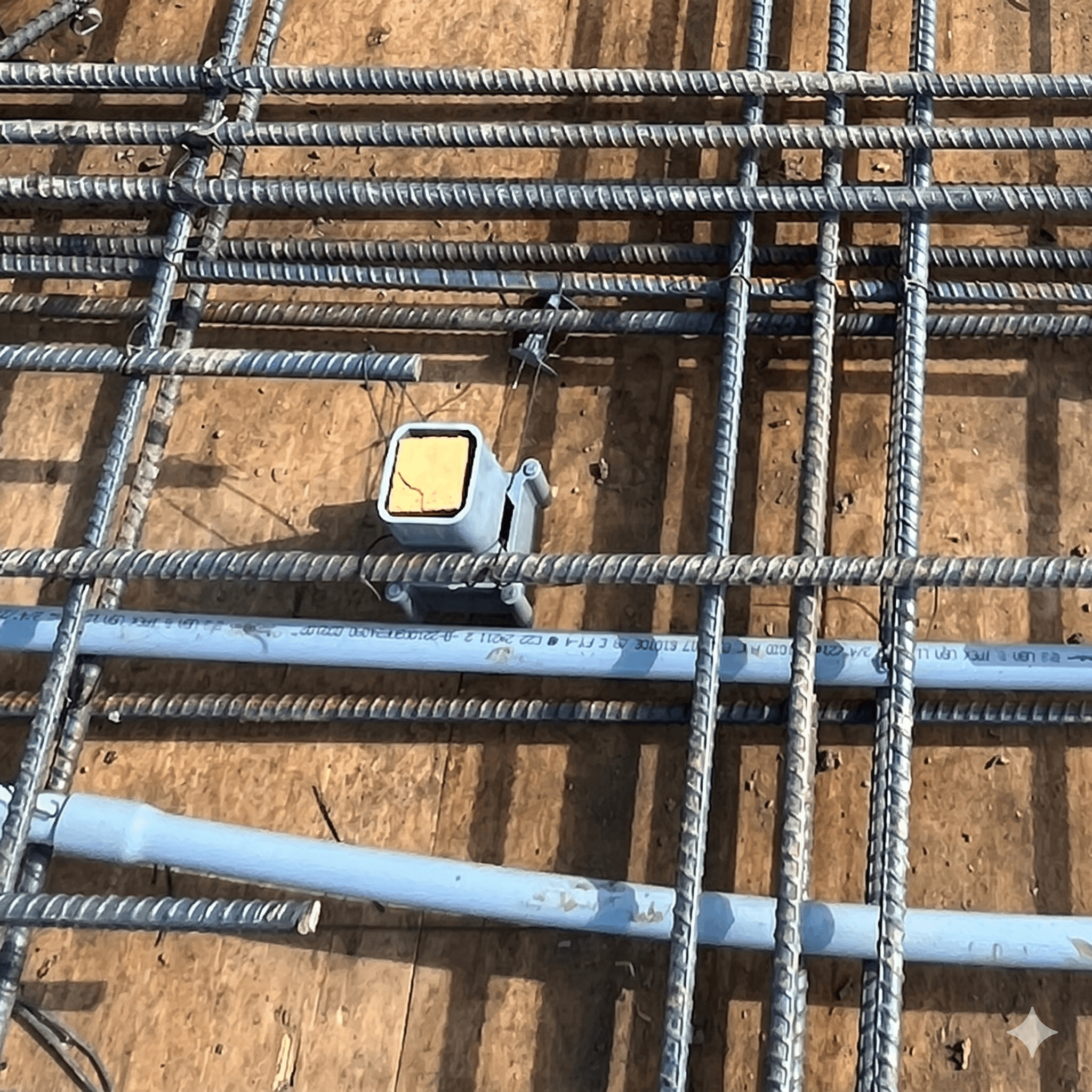 Polyurethane rail insert tied into the rebar grid, ready for a stanchion after the pour
