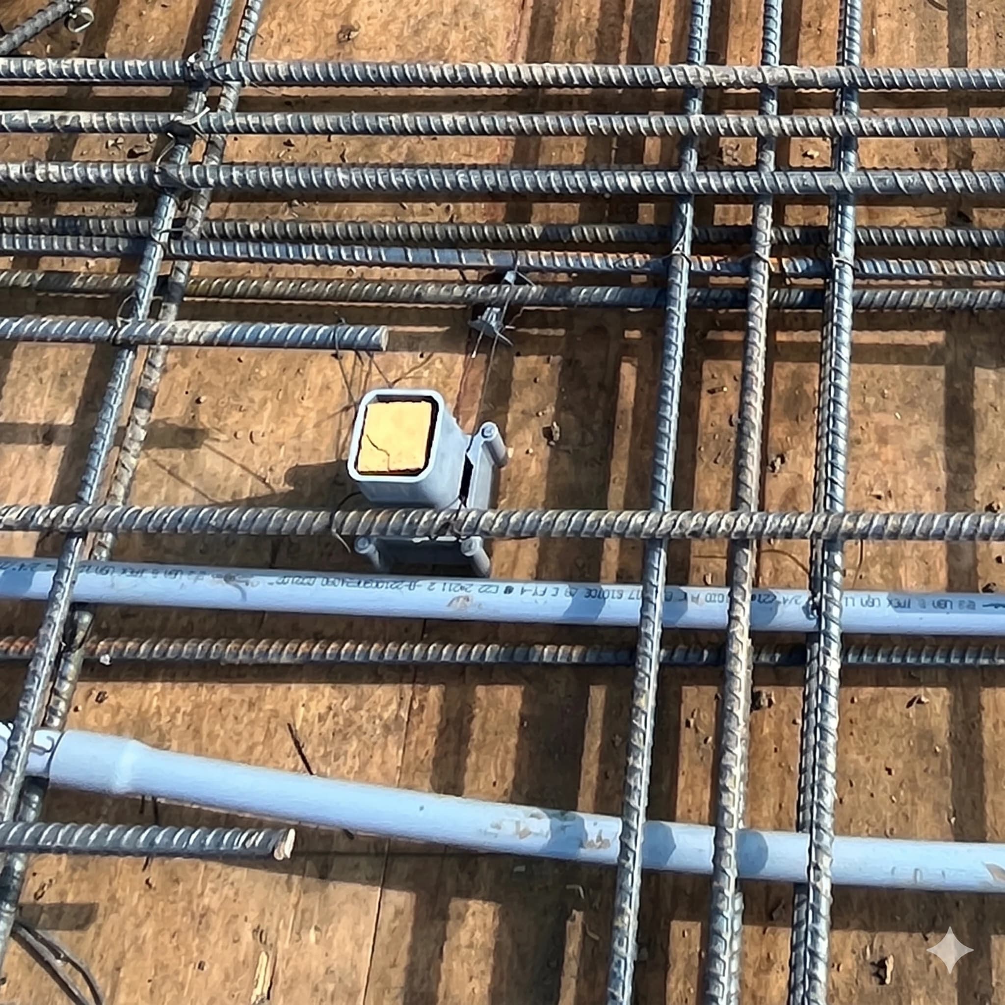 Polyurethane rail insert tied into the rebar grid, ready for a stanchion after the pour