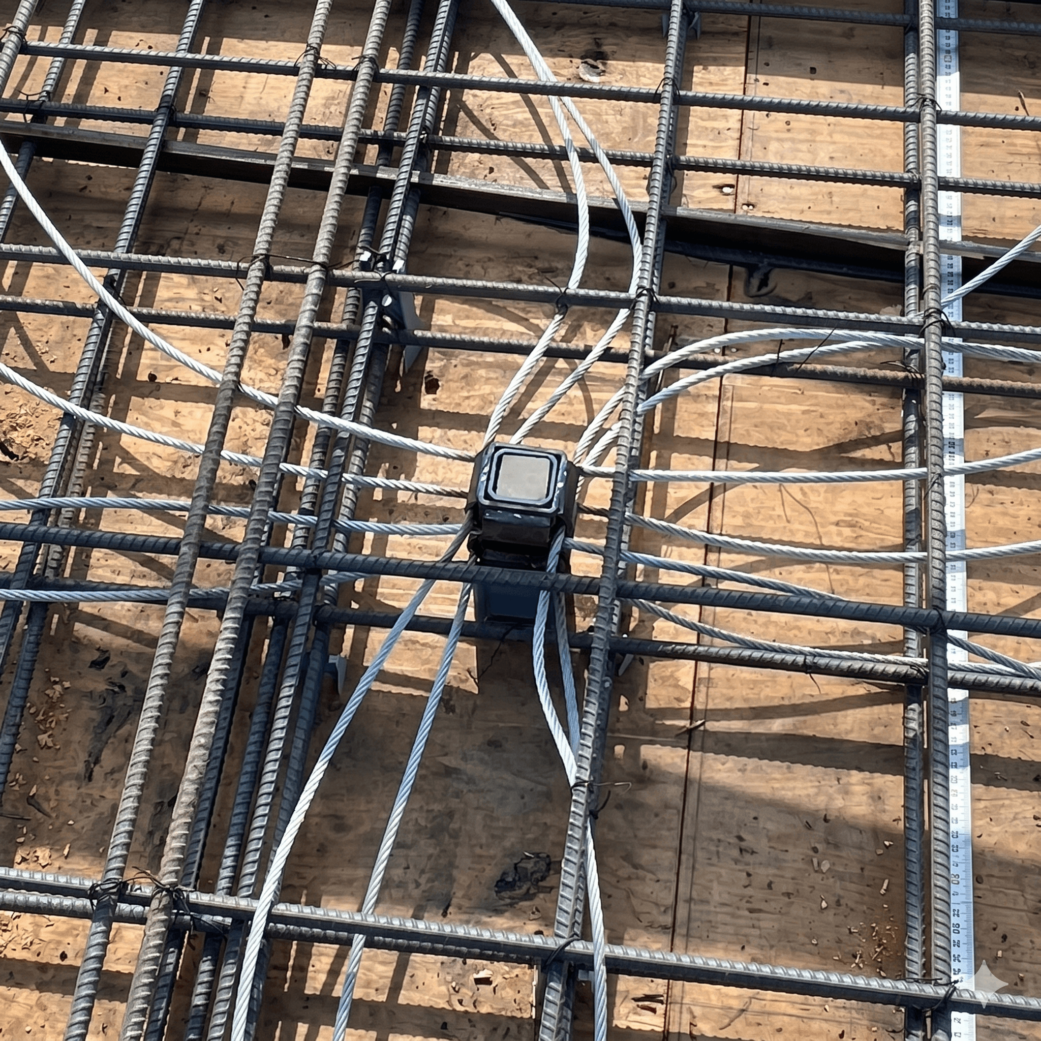 Cast-in lifeline anchor with steel cables radiating across the rebar grid before the pour