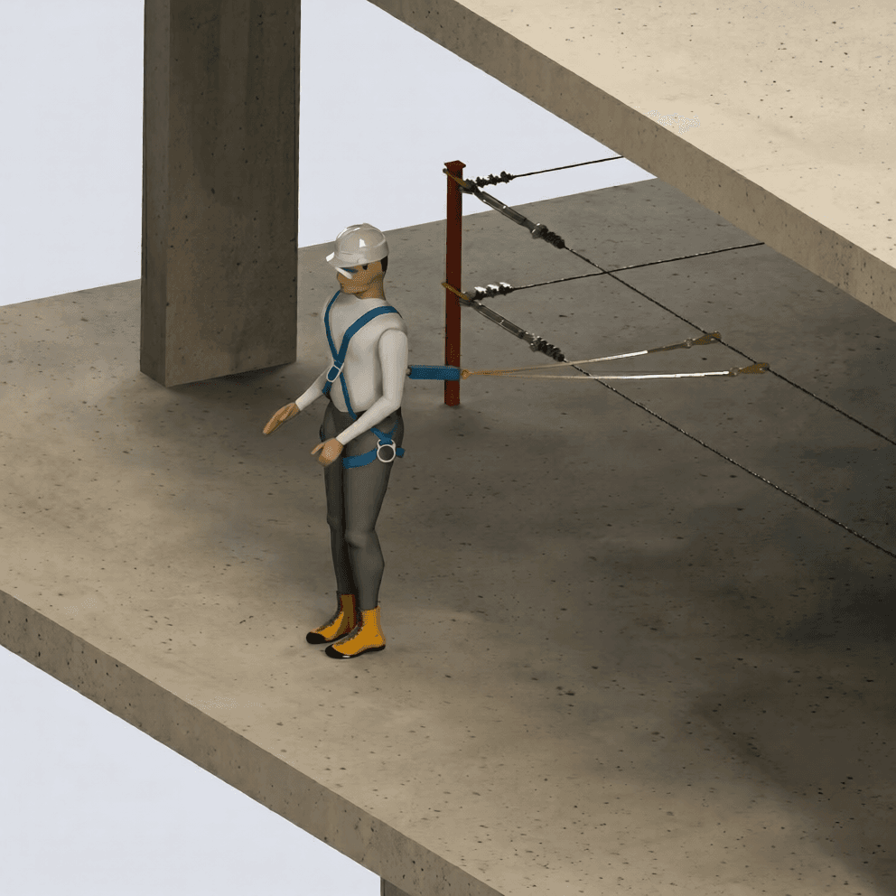 Worker in a full-body harness tethered to a Metro Safety Rail horizontal lifeline, restrained from reaching the slab edge.